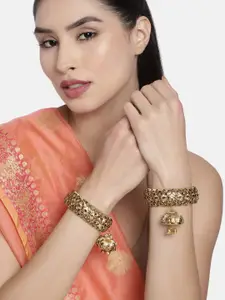 Peora Set of 2 Gold-Plated Handcrafted Kundan Studded Bangles with Jhumka Danglers