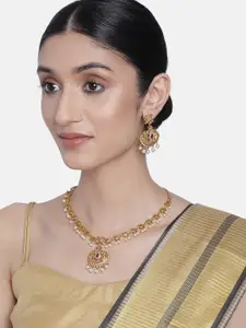 Peora Gold-Toned South Indian Traditional Style Necklace Earring Jewellery Set