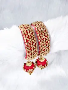 Peora Red Gold-Plated Set of 2 Handcrafted Silk Thread Kundan Studded Bangles