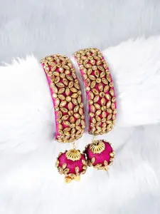 Peora Magenta Gold-Plated Set of 2 Handcrafted Silk Thread Kundan Studded Bangles