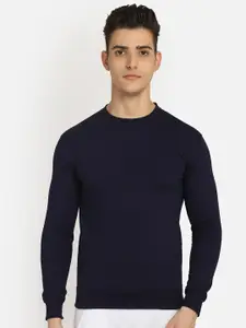 DYCA Men Navy Blue Solid Round Neck Fleece Sweatshirt
