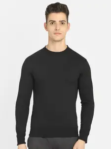 DYCA Men Black Solid Round Neck Fleece Sweatshirt