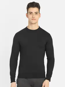 DYCA Men Black Solid Round Neck Fleece Sweatshirt