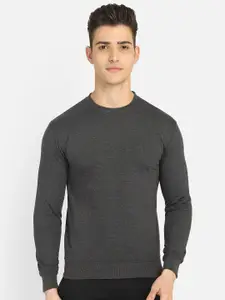 DYCA Men Charcoal Grey Solid Round Neck Fleece Sweatshirt