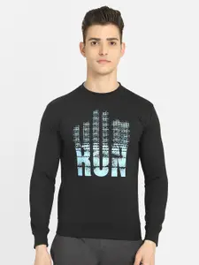 DYCA Men Black Typography Printed Round Neck Fleece Sweatshirt