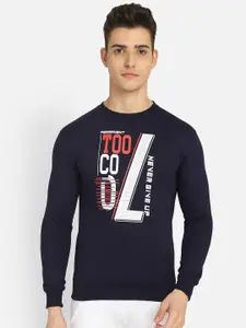 DYCA Men Navy Blue Typography Printed Round Neck Fleece Sweatshirt