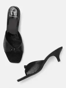 Carlton London Women Black Snakeskin Textured Kitten Heels