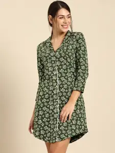 Dreamz by Pantaloons Olive Green Printed Pure Cotton Nightdress