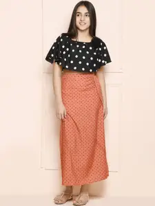 LilPicks Girls Black & Brown Polka Dots Printed Skirt Set
