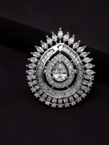PANASH Rhodium-Plated Silver-Toned Solitaire AD-Studded Adjustable Finger Ring