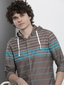 The Indian Garage Co Men Horizontal Stripes Hooded Casual Shirt