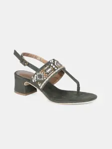 W Olive Green Suede Party Block Sandals with Laser Cuts