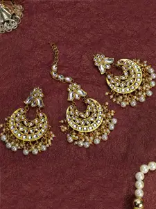 LIVE EVIL White Gold Plated Kundan & Pearl Maang Tika With Earrings Set