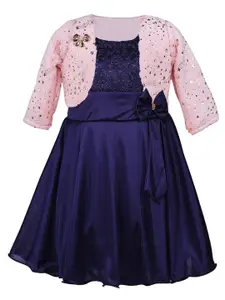 Wish Karo Navy Blue Lace Satin Dress with Pink Embellished Bolero