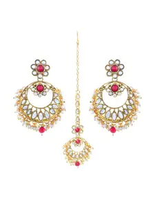 LIVE EVIL Woman Pink & Gold Maang Tikka With Earrings