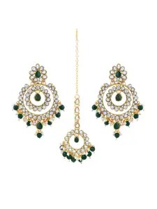 LIVE EVIL Green & White Gold Plated Kundan & Pearl Maang Tika With Earrings Set