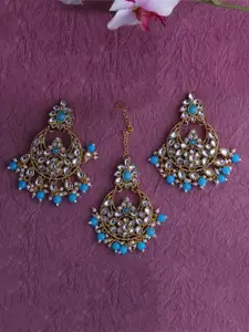 LIVE EVIL Woman Blue & Gold Maang Tikka With Earrings