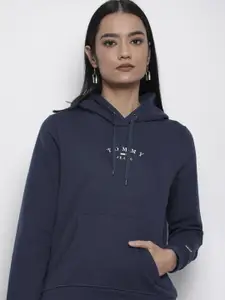 Tommy Hilfiger Women Navy Blue Hooded Sweatshirt with Printed Detail