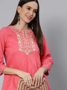 Global Desi Coral & Blue Embroidered Keyhole Neck Top