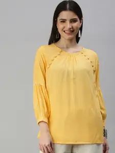 Global Desi Yellow Embroidered Button Detailed Top