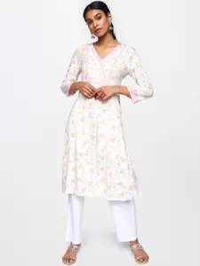 Global Desi Women White & Yellow Floral Printed Straight Kurta