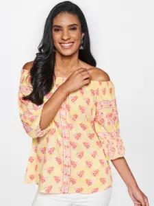 Global Desi Women Yellow & Pink Floral Printed Off-Shoulder Top