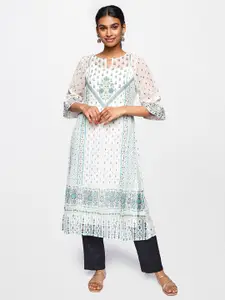 Global Desi Women White & Green Ethnic Motifs Printed Kurta