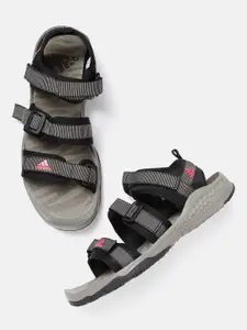 ADIDAS Men Black & Charcoal Grey Self Striped Hopkar Sports Sandals