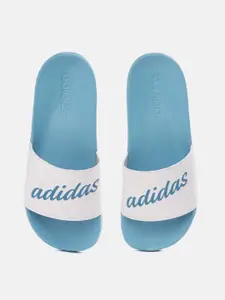 ADIDAS Women White & Blue Brand Logo Print Adilette Shower Sliders