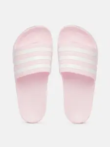 ADIDAS Women Pink & White Striped Adilette Aqua Sliders