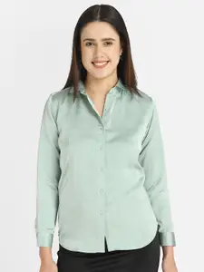 Fbella Women Sea Green Solid Satin Formal Shirt