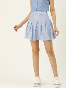 AND Women Blue & White Checked  Pleated Flared Mini Skirt