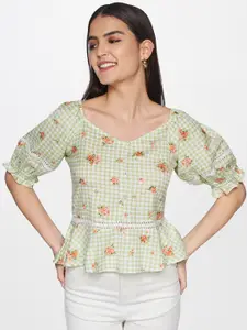 AND Green & White Checked Pure Cotton Peplum Top