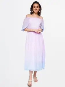 AND Ombre Off-Shoulder Puff Sleeve A-Line Midi Dress