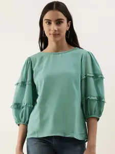 AND Sea Green Solid Tiered Detailed Sleeve Top