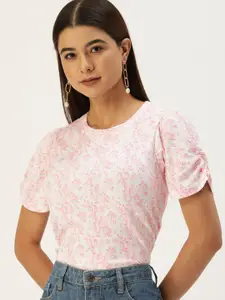AND Pink Tropical Printed Round-Neck Regular Top
