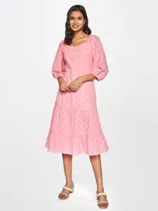 AND Pink Self Design Puff Sleeves A-Line Dress