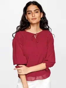 AND Maroon Tie-Up Neck Puff Sleeve Top