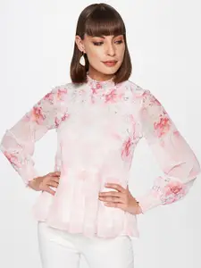AND White & Pink Floral Printed High Neck Peplum Top