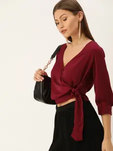 AND Burgundy Solid V-Neck Cuffed Sleeves Tie-Ups Polyester Wrap Crop Top