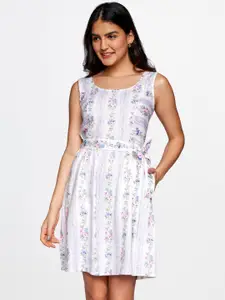 AND Women White & Blue Floral Printed Linen A-Line Dress With A Belt