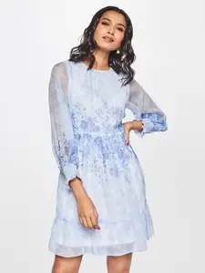 AND Blue & White Floral Printed A-Line Dress