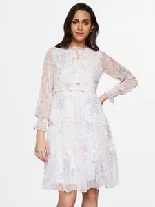 AND Floral Print Tie-Up Neck Puff Sleeve A-Line Dress