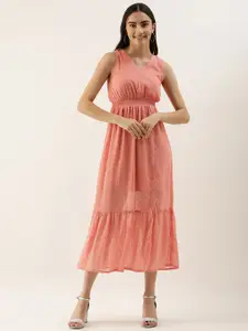 AND Women Peach-Coloured Self Designed A-Line Midi Dress