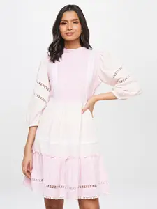 AND Striped Puff Sleeve Seersucker A-Line Dress