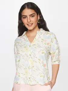 AND White Floral Print Linen Top