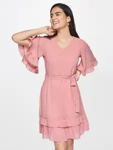 AND Women Pink Solid V-Neck A-Line Ruffle Dress With A Belt
