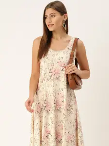 AND Women Cream-Coloured & Pink Floral Printed Linen A-Line Midi Dress With Styled Back