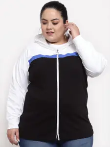 plusS Women Plus Size White & Black Colourblocked Hooded Sweatshirt