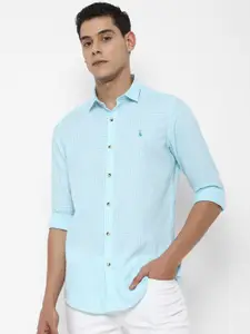 SIMON CARTER LONDON Men Turquoise Blue Slim Fit Micro Checks Cotton Casual Shirt